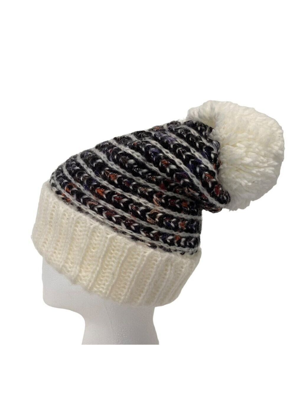 Steve Madden Womens Thick Knit Pom Pom Winter Beanie Hat Striped Design ecru O/S